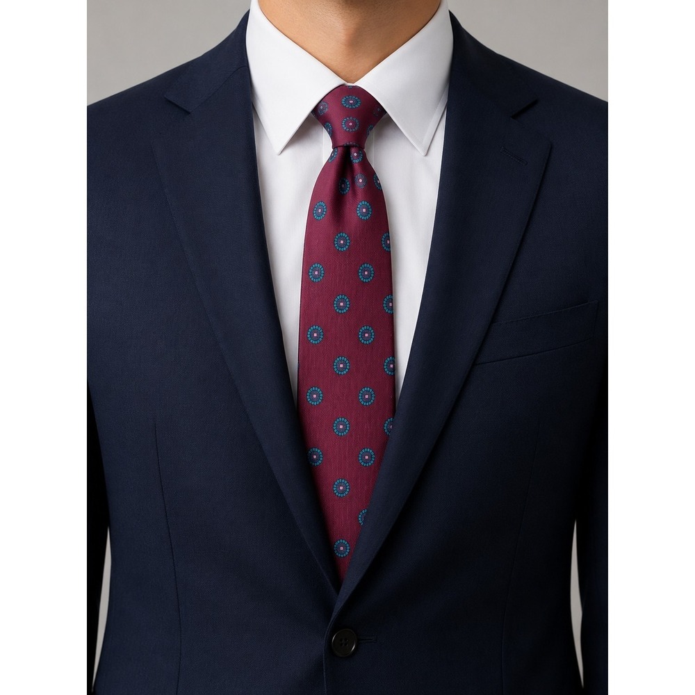Robert Talbott Regiment Square Tie Silk Geometric Design Burgundy Teal Circles